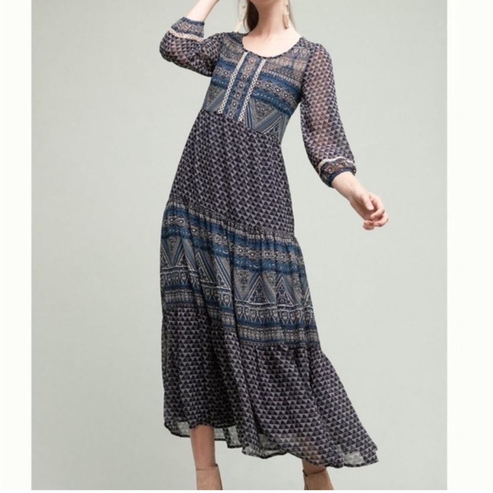Anthropologie Floreat Womens Geometric Pattern Flowy Boho Navy Maxi Dress Size 6